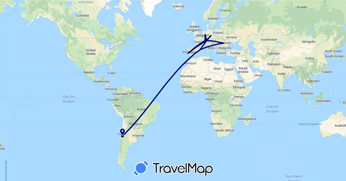TravelMap itinerary: driving in Switzerland, Chile, Germany, Spain, Portugal, Romania (Europe, South America)